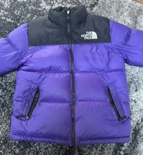 The North Face Boys XL Hooded Puffer Jacket Purple Black Full Zip Logo Accent