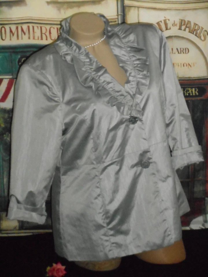 L Ruffle Jacket Coat Blazer Silver Gray 3/4 Slv Shimmery NWT & Lg Silk Scarf USA - Image 4 of 4