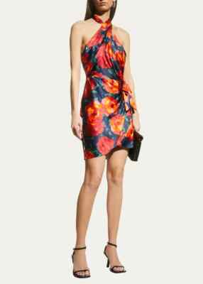 NWT - CINQ À SEPT 'Trini' Floral-Silk Halter Mini-Dress, Navy Multi - Size 4