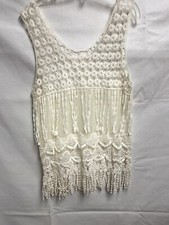 woman  s size S White Crochet/Lace Tank Fringe Netting Boho Retro/Vintage Look