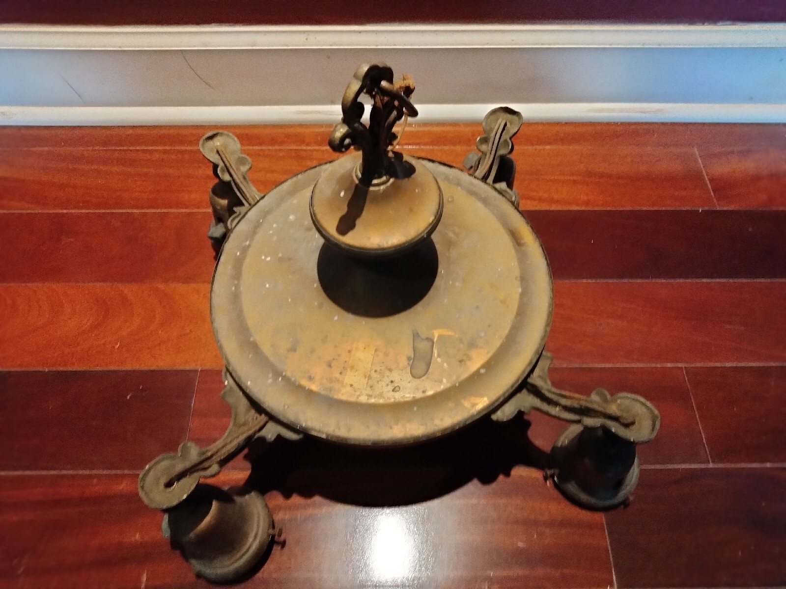 Vintage Antique Brass Metal pancake Hanging Chandelier 4 bulb Light