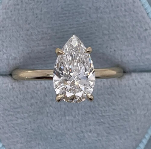 2Ct Pear Cut Lab Created Diamond Solitaire Engagement Ring 14K Yellow Gold Over - Picture 2 of 4