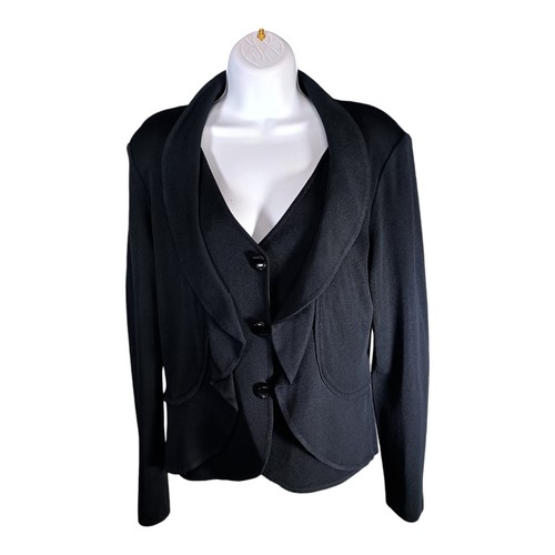 Cardigan Jacket by Ming Wang Small - Women's Classic Knit Button Black Ruffle
