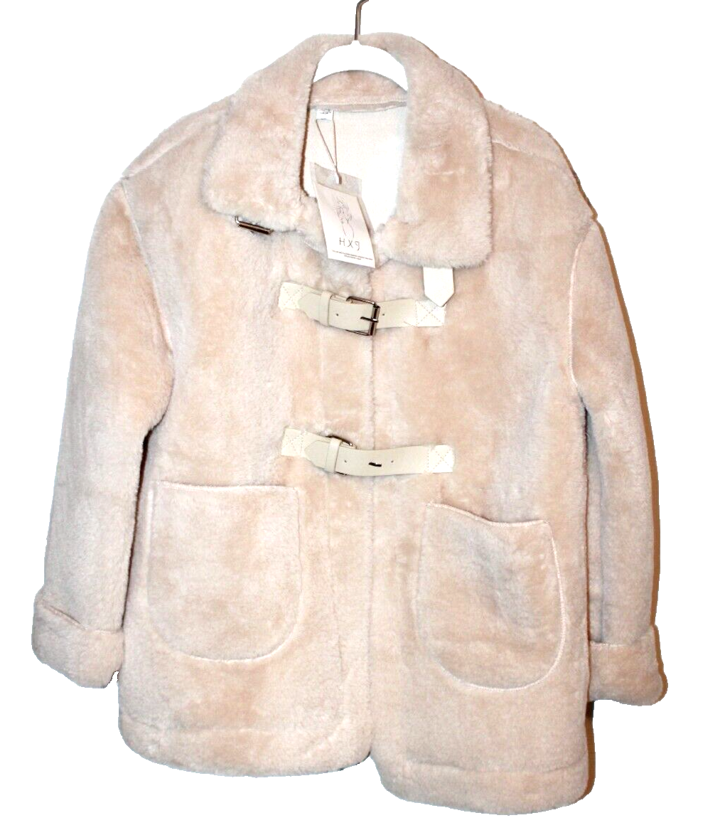 New HXJ Ivory Soft Thick Faux Fur Fleece Buckle Front Coat Jacket