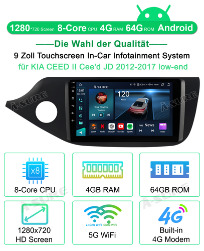 8-Kern 4+64G Android 14 Autoradio GPS Navi CarPlay DSP für Kia Ceed JD 2012-2017 - Bild 2 von 12
