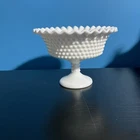 Vintage Milk Glass Hobnail Pedestal Dish - Footed Bowl Ruffle Pie Crust Rim