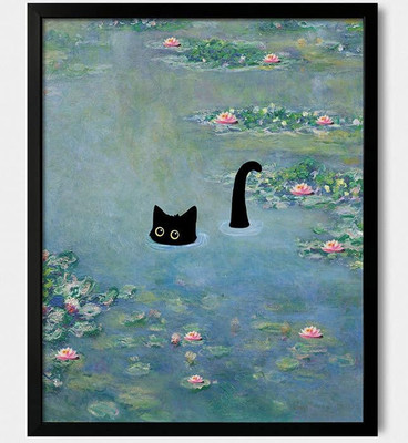 Cat Wall Art Monet Prints Vintage Canvas Wall Art Funny Cat in Water Lilies Post