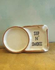 Vintage MCM "Sip N' Smoke" Ceramic Ashtray/Coaster 6” x 3.5” - NO Cup