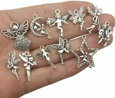 11 Fairy Charms Antique Silver Tone Fairy Tale Angel Pendants Assorted Lot