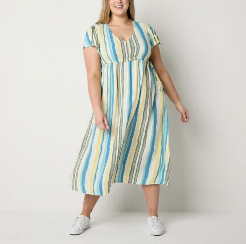 Frye and Co Women's Plus Size 2x Short Sleeve Striped Midi Fit Flare Dress Lily