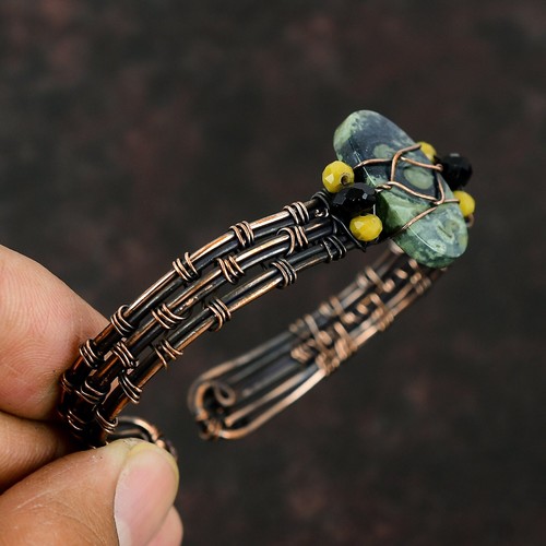 Kambaba Jasper Stone Black Onyx Beads Wire Wrapped Wedding Bangle Jewelry Copper - Picture 4 of 6