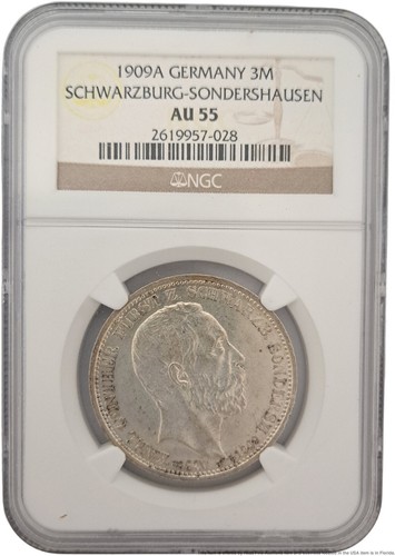 NGC AU 55 1909A Germany Schwarzburg-Sonderhausen 3 Mark Silver 33mm Coin