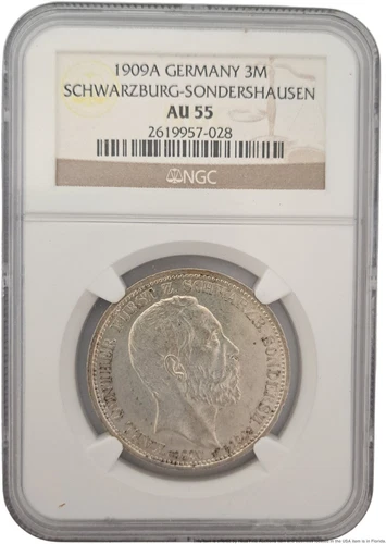 NGC AU 55 1909A Germany Schwarzburg-Sonderhausen 3 Mark Silver 33mm Coin