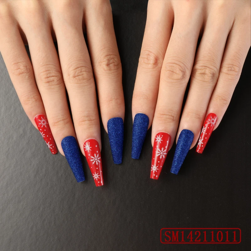 Christmas Glitter Fake Nails Red Blue Snowflake Long Coffin Full Press On Nails