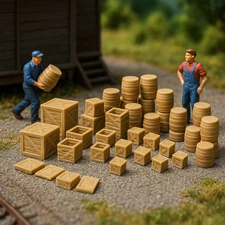 HO Scale Scenery Accessories – 20 Wine Barrels & 15 Wooden Crates – 3D Printed