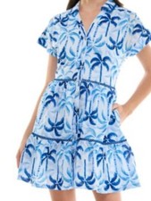 Taylor Floral Tiered Button-Front Mini Dress blue white palm cotton size 16