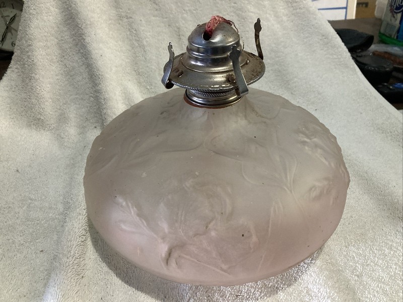 Antique Queen Anne frosted Satin Embossed Large Squat Style Kerosene Lamp Base