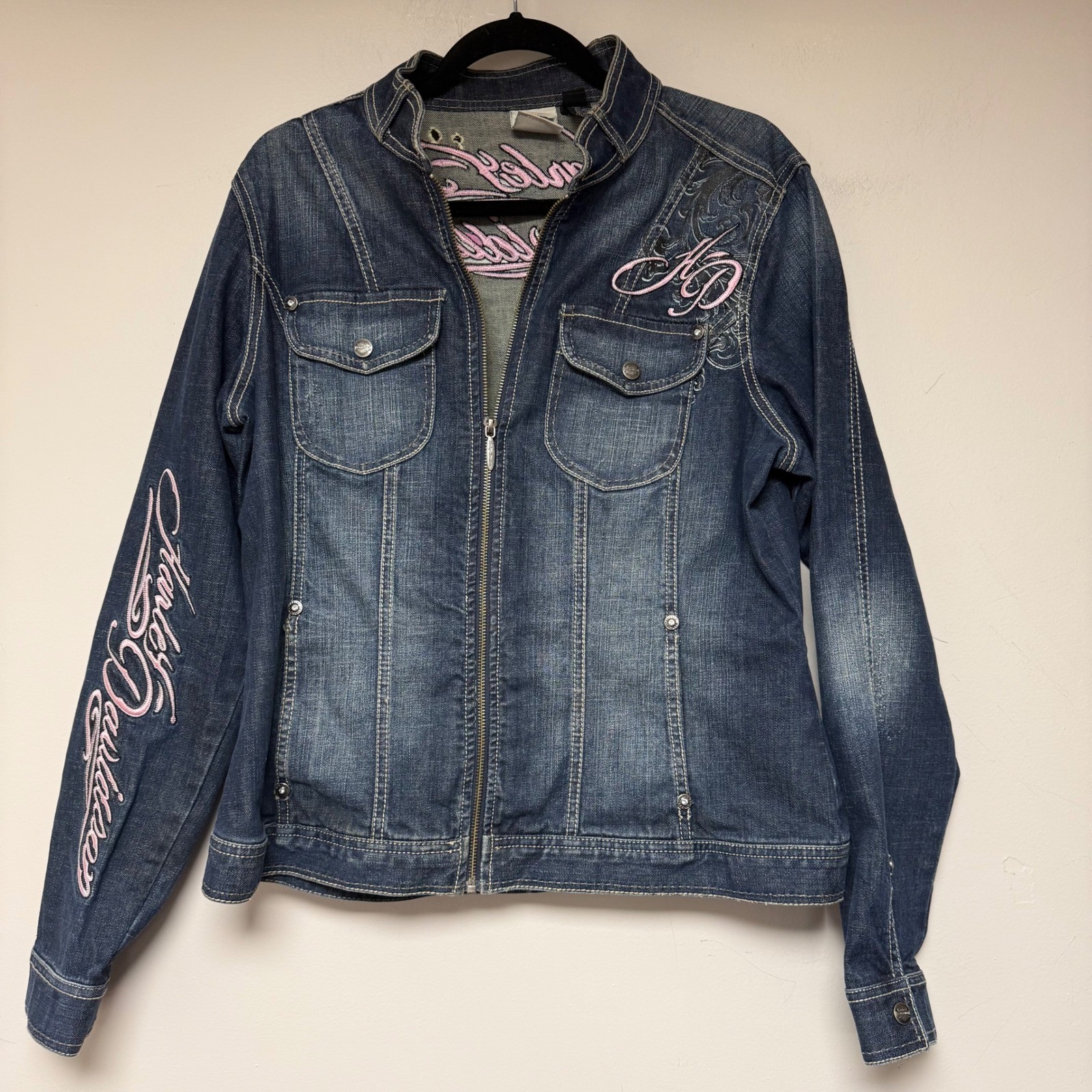 Harley Davidson Women's Denim Jacket Pink Embroidery Size XL