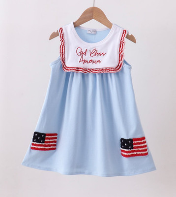 HD- Girl 's  Blue ''God Bless America'' Flag French Knot  Dress Size 6 NEW