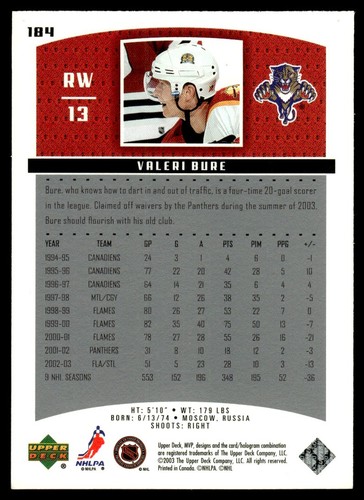 2003-04 Upper Deck MVP Valeri Bure /150 Florida Panthers #184 - Bild 2 von 2