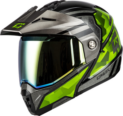 Gmax Md-74 Striker Modular Helmet W Gld Shld Blk/Slvr/Grn Mt Helmets
