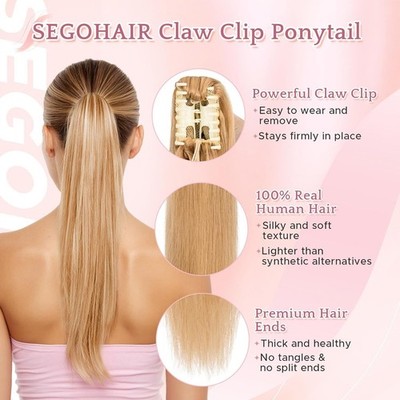 Human Hair Ponytail Extension with Claw Clip, 22 Inch, 120g 22 main image 2