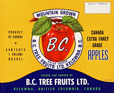 B.C. Brand Mountain Grown Extra Fancy Apples Original Canadian Fruit Crate Label