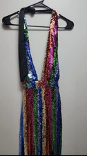 Fashion Nova Multicolor Sequin Striped V-Neck Sleeveless Long Body Jumpsuit L.
