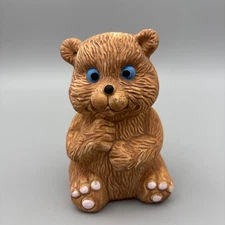 Vintage Teddy Bear Piggy Coin Bank Porcelain Brown Blue eyes Adorable