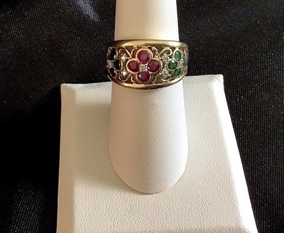 Ring 10 Karat Gelbgold Rubin Smaragd Saphir mit 7 Diamanten floral Größe 7 - wunderschön