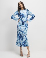 River Island Womens Midi Dress Blue Floral Print Long Sleeve Round Neck Tie Back
