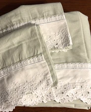 Croscill Full Flat Sheet + 2 Pillowcases Eyelet Lace Country Cottage Check Green