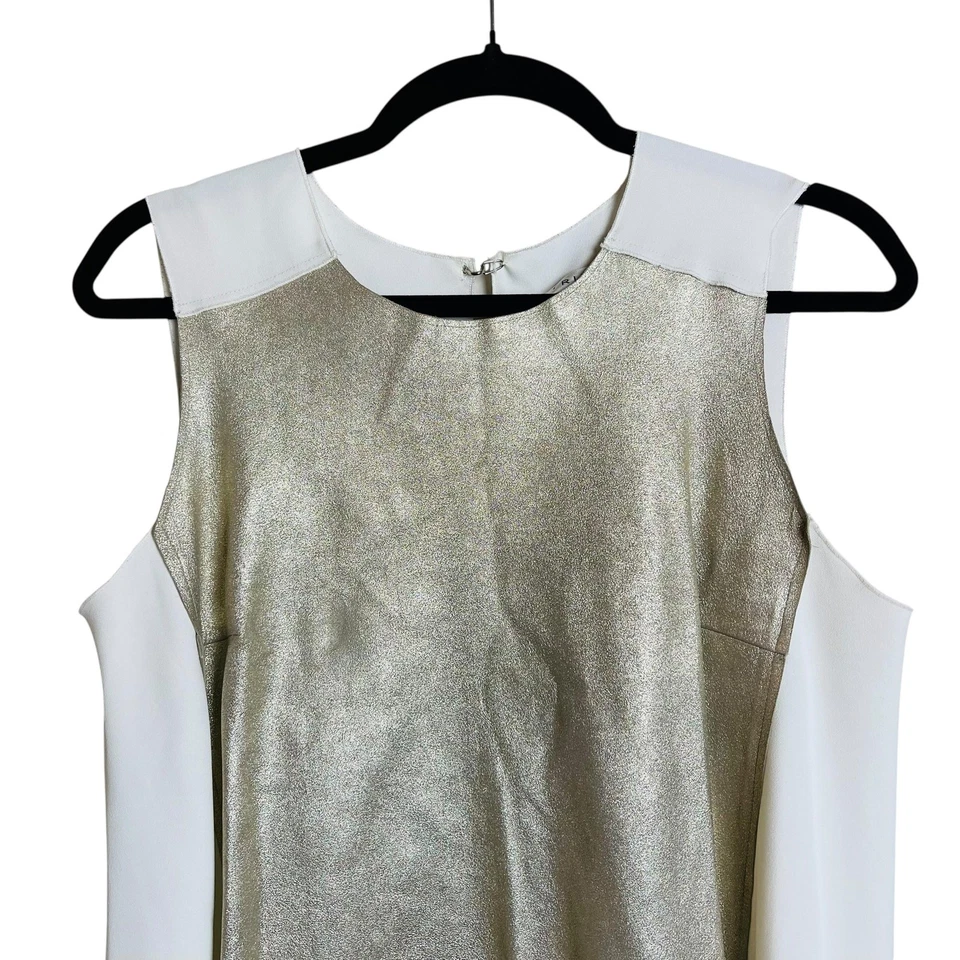 Blusa Trina Turk Top Mujer Mediana Dorada Metálica Sin Mangas Cuero Contraste Foto 2 de 4