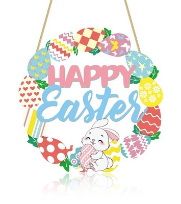 Happy Easter Decorations Sign, Bunny Eggs Wood Wreath for Front Bunny-Egg 