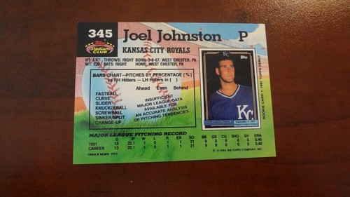 1992 TOPPS STADIUM CLUB # 345 JOEL JOHNSTON     BASEBALL CARD - Picture 2 of 2