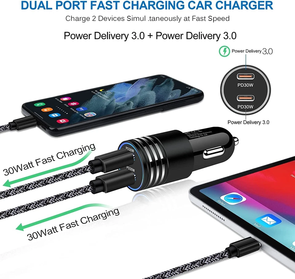 60W Dual USB-C 2 Type-C Port PD Car Charger USB C QC4.0 Quick Charging Adapter - image 3 of 4