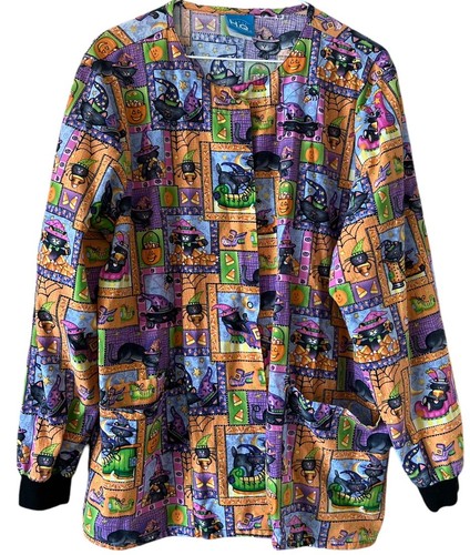 Scrub H.Q. long sleeves Halloween print front pockets, Snaps scrub Top Size Med - Picture 2 of 6
