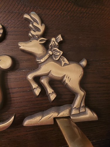 Brass Stocking Holders For Mantel Very Heavy. Tree, Reindeer, Santa. Set Of Five - Picture 6 of 7