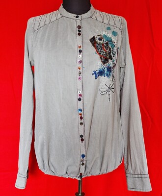 AUTHENTIC DESIGUAL EMBROIDERY LOGO POP ART GRAY STRIPED WOMENS BLOUSE US 6 S