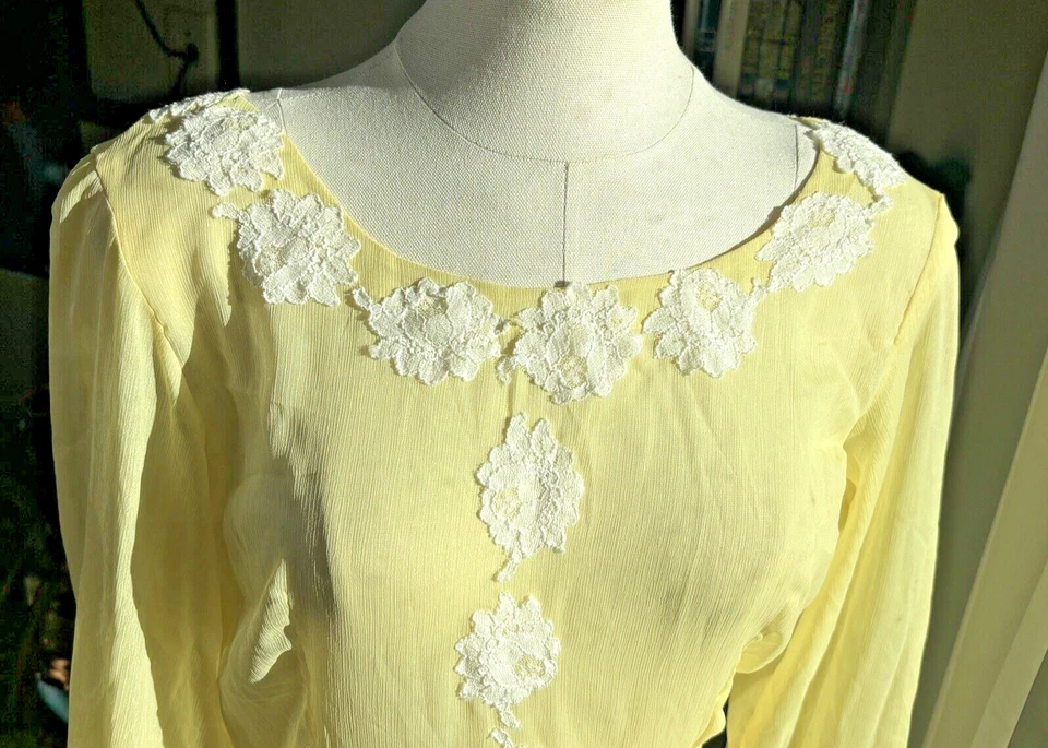 Винтажный 70-х лимон желтый шифона чистый длиной макси платье кружева отделки размер M/L - Изображение 4 из 4