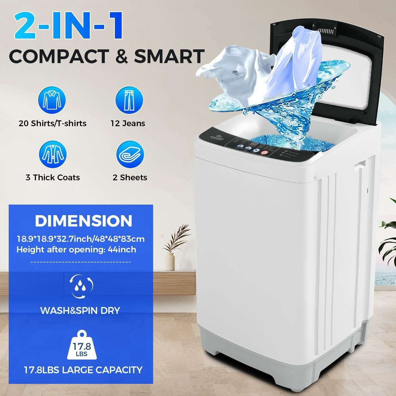 17.8Lbs Full-Automatic Portable Washing Machine with Glass Top Lid & LED Display