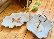 2 Limoges France Porcelain Tray Gold Trim Rose Floral Candy Nut Tidbit Dish Lot