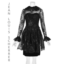 JEAN-LOUIS SCHERRER Vintage Black Chantilly Lace and Velvet Cocktail Dress SZ 2
