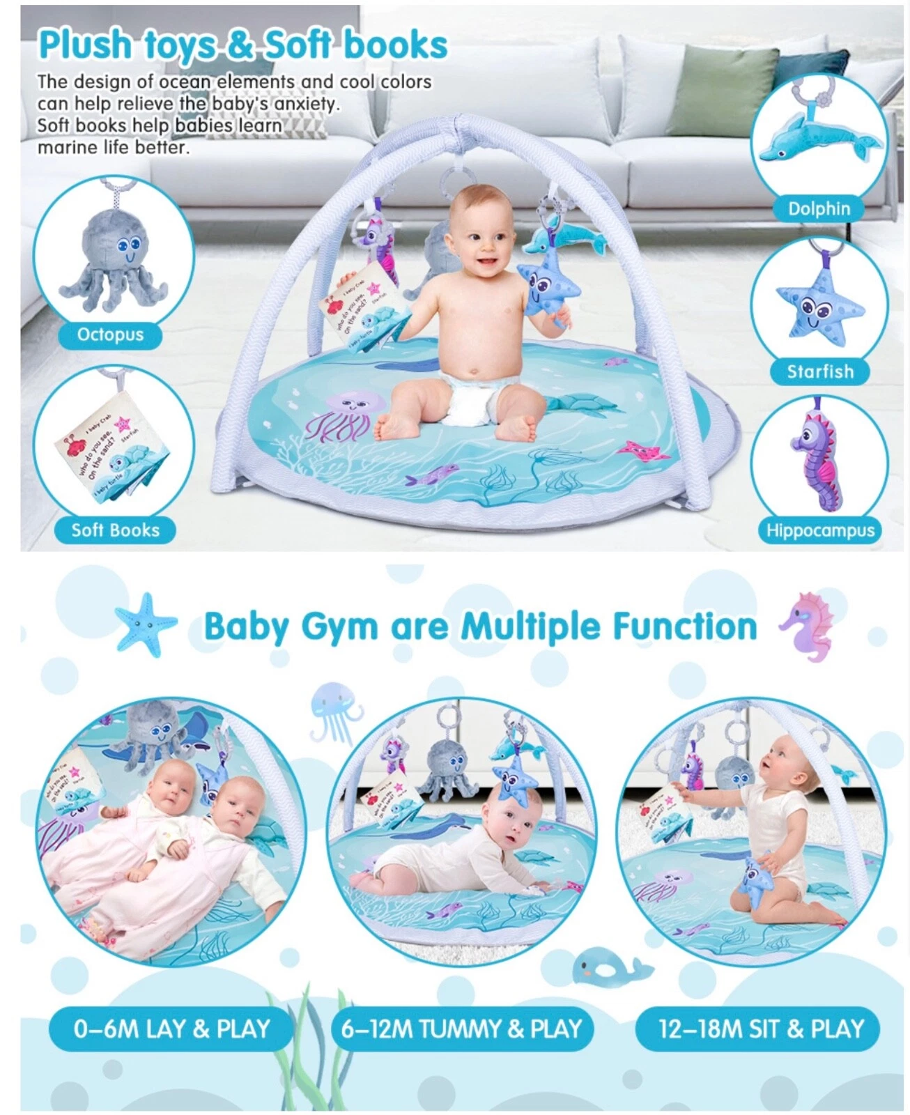 Baby Gym and Infant Play Mat, Sensory and Motor Skill Development Language Disco