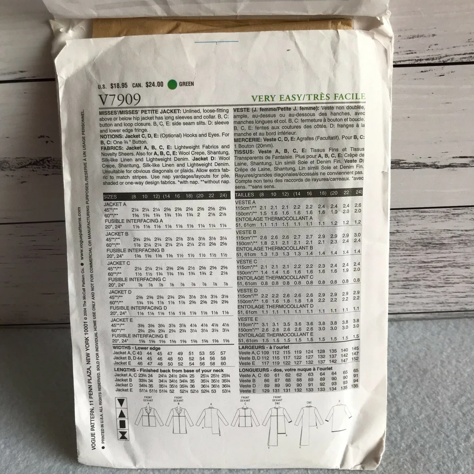 Vogue Sewing Pattern V7909 Ladies / Misses Jacket Size 8-12 Uncut - Image 3 of 4