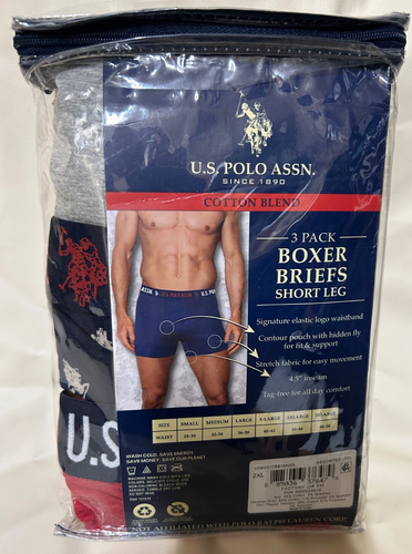 US Polo Assn Mens Cotton Stretch Boxer Brief Underwear 3 Pk 2XL 44-46 New - Picture 2 of 4