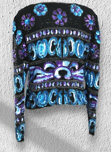 VTG 100% Silk Sequin Embellished Evening Jacket 1980s Purple Blue Black Size M/L - Picture 2 of 5