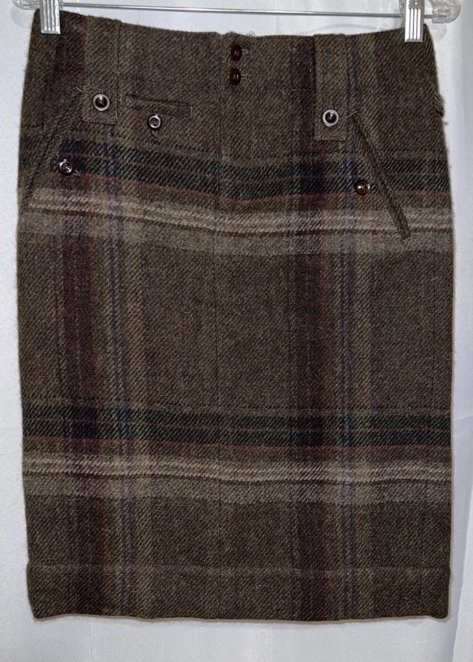 Ralph Lauren Plaid Wool Alpaca Blend Pencil Straight Skirt Pockets 2 Brown