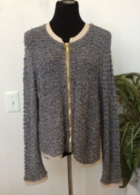 Chicos Blue Linen Cotton Ruffle Zip Knit Long Sleeve Cardigan