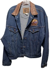 International Denim Vintage Denim Jacket W/Leather Collar Embroidered Size L